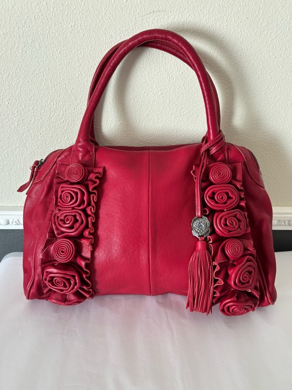 Vince Camuto Cherry Red Lamb Leather Rose Floral Appliqué Shoulder Bag